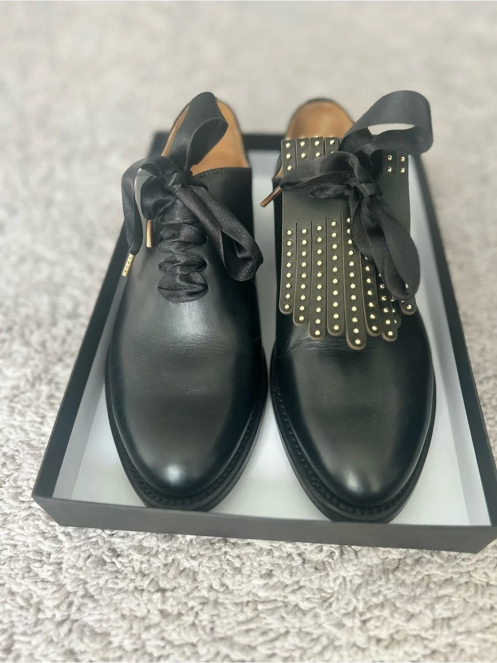 The Office of Angela Scott: Women Leather Dress Loafers with Studded Bow